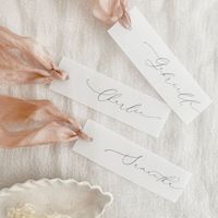 If you’re looking for inspiration for little wedding details, delight your guests with these modern transparent vellum name tags. These are perfect for pinning or clipping to a menu or favour gift. These name tags are printed on 140gsm vellum which is plant-based. Dimensions: 85 x 25mm (3.34 x 0.98 inches) You can use first names only or both first names and surnames - in the latter instance, the text will be smaller than shown in our example. A PDF proof of the artwork will be emailed to you before we print anything (where you can make any tweaks with us). Note: Colours can vary on different computer screens and in print. If you would like to change the ink colour please enquire. For further information, you can visit our delivery and returns page or FAQs. Important: customers are respons