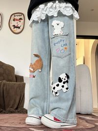 Puppy Cat Party Cute Patch Denim Wide-Leg Jeans - ntbhshop