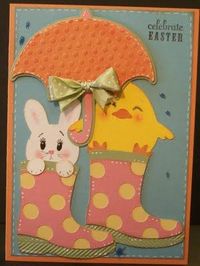 Handmade Easter card with umbrella, bunny, chick and rain boots. Super cute.