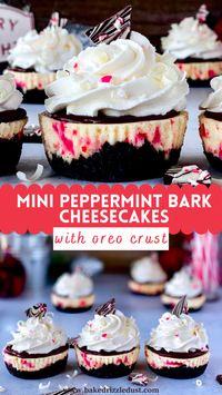 These mini peppermint bark cheesecakes have rich chocolate ganache, stabilized homemade whipped cream, beautiful white chocolate curls, and sit atop an Oreo crust. They are an irresistibly sweet and creamy dessert - perfectly festive for the holiday season! // Peppermint Bark // Oreo Crust Cheesecake // Homemade Whipped Cream // Mini Dessert Ideas // Christmas Cheesecake //