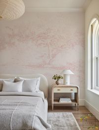 Blush landscape wall mural, Pink panoramic wallpaper, Tree and nature abstract art * * * REGULAR PAPER MATERIAL - Basic: Basic, thick paper material with a satin finish. Regular, paste-the-paper application. For better results, the wall should be light and smooth. The material reflects light a little more than other material types. The material is non-washable and not recommended for humid spaces. * * * ECO - NON WOVEN - PASTE THE WALL: This is a non-woven wallpaper without PVC additives, making