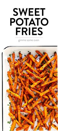 The BEST Sweet Potato Fries Recipe! | Gimme Some Oven: This Baked Sweet Potato Fries recipe is ultra-crispy, easy to make, perfectly seasoned, and guaranteed to disappear pretty much...immediately. :)