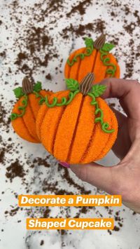 Turn your cupcake into a pumpkin, no fairy godmother needed: 🧁Pipe a swirl of orange buttercream onto a cupcake using tip #2A 🧁Flip upside down and press into orange sanding sugar 🪄Use a wooden skewer to make indents in the buttercream, one straight down the center and then two curved on each side 🪄Use chocolate buttercream and tip #32 to add a stem 🎃Use green buttercream and tips #352 and #4 to add leaves and vines