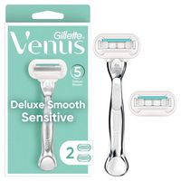 Venus female razor blades are designed with a woman's body in mind. From handles designed for a comfortable grip to pivoting heads that contour to your body, Venus razors are designed to help reveal touchably smooth skin. Venus Deluxe Smooth Sensitive women's blade refills are perfect for protecting your sensitive skin. These razor blades feature 5 diamond-like coated blades for a long-lasting smooth shave and a SkinElixir lubrastrip with a touch of Aloe Vera for glide that releases a perfect do