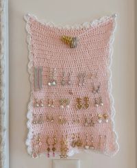 Crochet earring holder, wall hanging art, aesthetic room decor, crafts, diy, handmade, pink, jewelry, crochet inspo, crochet ideas