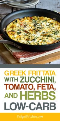 This amazing Greek Frittata with Zucchini, Tomato, Feta, and Herbs is one of the Top Ten Most Popular Low-Carb Zucchini Recipes on Kalyn's Kitchen, and this Greek Frittata is a delicious low-carb, Keto, low-glycemic, and gluten-free meal any time of day! [found on KalynsKitchen.com] #KalynsKitchen #LowCarbFrittata #GreekFrittata #LowCarbGreekFrittata