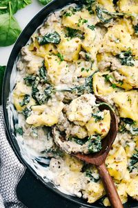 This sausage tortellini skillet is perfect for a creamy and savory dinner that is simple and tastes amazing with all the flavors blended together. It is a family favorite!