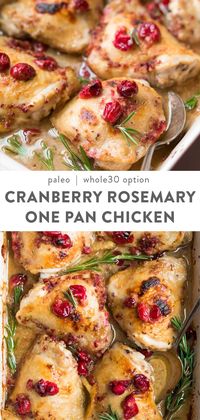 These cranberry rosemary one pan chicken thighs is an easy, healthy dinner perfect for your winter weeknight dinner rotation. Paleo, healthy, with a Whole30 option, and low carb friendly. Full of flavor, and super quick! You'll fall in love with how the tart cranberries marry the heady rosemary, with that white wine sauce, all baked in the oven to perfection. Whole30 option and low carb friendly. #paleo #cranberry