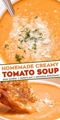 This bold and ultra flavorful Creamy Tomato Basil Soup is out of this world amazing! It uses a lot of pantry staple ingredients, and can easily be made in the slow cooker, Instant Pot, or right on your stovetop. You won't want canned tomato soup ever again! #tomatosoup #creamytomato #soup