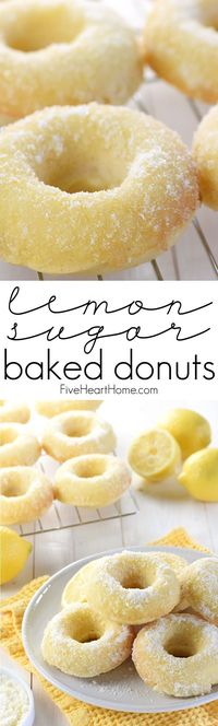 Lemon Sugar Baked Donuts ~ light, citrusy, and generously coated in a crunchy, lemon-zest infused sugar...the perfect sunny treat for breakfast or dessert! | FiveHeartHome.com