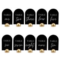 PRICES MAY VARY. Product - Hanna Roberts Modern Cursive Table Number Black Card Stock Half Circle Signs with Round Stand for Wedding Reception, Restaurant, Event Party, 4" x 6" (Set of 10, Numbers 1-10, Gold) Use/Purpose – Organizing an event such as a wedding, rehearsal dinners, engagement parties, anniversaries, birthdays, bridal and baby showers, or corporate parties, these table numbers are perfect to assign your event tables with these table numbers to ensure your guests know exactly where