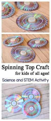 Reuse an old CD to make a spinning top- an easy craft for kids and a great science lesson on physics! This STEM / STEAM activity if perfect for kids of all ages and meets the NGSS for Kindergarten on pushes and pulls! ~ BuggyandBuddy.com