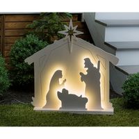 Add the finishing touch to your holiday yard with this elegant nativity scene. The metal and copper cut out features Mary, Joseph and Baby Jesus highlighted by glowing outlines. A beautiful way to delight visitors and passers-by.