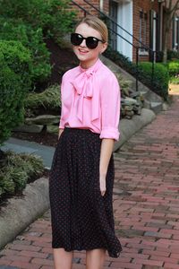 Pink Bow Blouse and Polka Dot Midi Skirt - via @poorlilitgirl