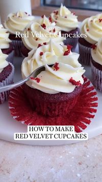 Julie Marie Eats shares an easy and delicious homemade cupcake recipe. These classic red velvet cupcakes are so soft and fluffy and topped with most delicious tangy cream cheese frosting. Follow for more cupcake recipes and homemade desserts.