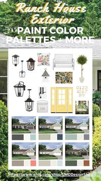 Ranch house pre-made exterior paint color schemes. Also included are hardware, lighting, and décor recommendations to coordinate with the design style and pull together a finished look for your exterior.