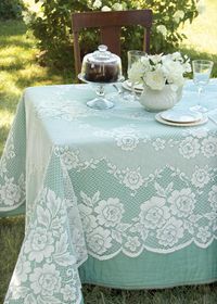 The Victorian Rose tablecloth from Heritage Lace is a beautiful floral design with rose trim around the edges. Made in the USA. Medium-gauge lace. Tablecloth measures 60" wide x 108" long rectangle. 100% polyester. ECRU ONLY Machine wash cold, gentle. Do not bleach. Lay flat or hang to dry. Touch up with cool iron if desired. All sales are final and not returnable.