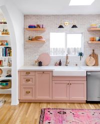 This Pink Kitchen Transformation Proves That Gut Renovations Are Worth the Stress #SOdomino #room #interiordesign #wall #furniture #chestofdrawers #shelf #cabinetry #floor #product #pink