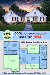 This home designer is offering beautiful new and fresh farmhouse home plans on a regular basis. This country classic is sure to be a popular floor plan in our, under 1500 sq ft living space collection. A country farmhouse with welcoming covered porch, large useable rear porch, open dining/kitchen/family room, 2 car side load garage, and a generous master suite. Farmhouse home plan in our country house plans collection at COOLhouseplans.com #COOLhouseplans #Farmhouse #houseplans