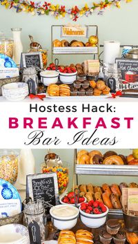 Remove the Hostess Stress of meals! Create this unbelievably easy Breakfast Bar/Buffet Hack! Make morning simple with fun decor, food ideas to please hungry families & friends. Including paleo, bright line and gluten-free food alternatives! Perfect for sleepover parties, brunch, and holiday crowds.