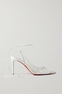 Christian Louboutin reimagines its signature 'Kate' pumps in delicate white corded lace, making them an ideal pair for brides. They have pointed toes, lustrous 85mm satin heels and slim ties that wrap around the ankles for support. The smooth leather soles can act as your 'something blue.'