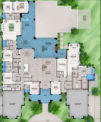 This coastal contemporary house plan gives you 6436 square feet of 1-story living with 4 bedrooms, 6 bathrooms, 1 half bath and 4 car garage spaces.   Amenities include great room, island kitchen with a walk-in pantry, dining room, study, laundry room, bonus room and a cabana suite.   The master bedroom suite features 2 large walk-in closets, dual sinks, free standing tub and a shower.   The flex room - gym or home office - is located adjacent to the master suite.&n