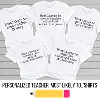 "What better way to start off this school year than with some school teacher humor!? Get these coordinating group tees for your whole team! You can use the phrases listed in the photos, or you can send me your own under \"personalization.\"  How to order- Order each shirt individually and include the number/personalization you would like under the personalization box.  Features This classic unisex jersey short sleeve tee fits like a well-loved favorite. Soft cotton and quality print make users fall in love with it over and over again. These t-shirts have-ribbed knit collars to bolster shaping. The shoulders have taping for better fit over time. Dual side seams hold the garment's shape for longer. Care Instructions Non-chlorine: bleach as needed; Tumble dry: low heat; Iron, steam or dry: me