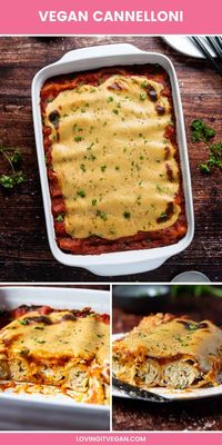 This vegan cannelloni is stuffed with a spinach and tofu ricotta, layered with marinara sauce, topped with vegan cheese sauce and baked to perfection in the oven. It's insanely good, surprisingly easy, and perfect for a fancy dinner! | lovingitvegan.com