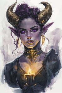 Virelle is a Tiefling bard, an infernal being of average height, she has short, bronze horns emerging from her temple, that curve gently upwards. Her skin is a deep obsidian, smooth yet reflective like polished jet. Her eyes, vibrant violet with horizontal slits, are framed by lashes resembling fine, molten gold threads. She wears her famed black choker around her slender neck, a lucky amulet she takes on all of her adventures. #tiefling #bard #dnd #5e #dungeonsanddragons #fantasyart #dndcharacternames