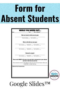 This absent work note will help students have increased independence while maintaining absent work organization for all teachers. Completely EDITABLE this note is filled out based on what a particular student missed on any given day, attach any handouts, and then placed in a bin or folder ready to give to students when they return. This will lay out whatever they need and minimize those questions about absent work that can be overwhelming at the start of class! Give it a try today!