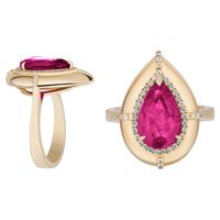 Pear Shape Rubelite Ring with Diamonds in 18K Yellow Gold, from 'G-One' Collection. Our G-One Collection undeniably carries the most special pieces of Goshwara. The sought-after, one-of-a-kind pieces speak to each unique personality of the person wearing it. * Gemstone size: 14.5 x 11 mm * Gemstone: 100% Earth Mined * Approx. gemstone Weight: 5.74 Carats * 100% Natural Earth-Mined Diamonds * Carat: Approx.: 0.22 * Color: G/H * Clarity: VS * Cut: Pear * Metal: 18K Gold