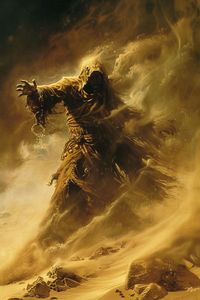 Amidst the swirling sands of an unforgiving desert, the dark wizard emerges, cloaked in ancient robes and wielding arcane power. Shadows and whispers encircle him, shrouding his intentions in mystery. With a commanding presence, he beckons forth the secrets and spirits of the barren wilderness, casting spells that twist the very fabric of reality. This image captures a moment frozen in time, where magic and desolation intertwine, hinting at untold stories and the eternal dance between light and darkness.