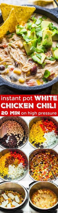 This White Chicken Chili is done in less than an hour start to finish in the Instant Pot with melt-in your mouth tender chicken. Stir everything together in the instant pot, top with cream cheese and set for 20 minutes. | natashaskitchen.com #chickenchili