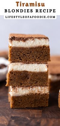 This Tiramisu Blondies recipe is made with a buttery espresso base, topped with a mascarpone frosting and a dusting of cocoa powder.