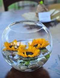 Bowl Wedding Centerpiece With Pebbles And Floating Sunflowers