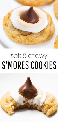 Soft and chewy s'mores cookies with a buttery graham cracker flavored dough, a gooey marshmallow and chocolate kiss on top! This summer treat is even better than the traditional s'mores and no campfire is needed! #smores #smore #smorescookies #cookies #cookierecipes #summer #summerrecipes #summerdesserts #chocolate #grahamcrackers #marshmallows #baking #recipes #iheartnaptime