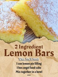 1 can 21 ounces lemon pie filling 1 box 16 ounces angel food cake mix Optional: Powdered sugar Preheat oven to 350F. Grease a 913-inch cake pan. Combine lemon pie filling and cake mix. Pour into the cake pan, spreading evenly. Bake 30 minutes or until golden brown. Cool in the pan 20 minutes before slicing. Dust with powdered sugar. Slice and serve. #LemonBars #EasyDessert #AngelFoodCake