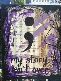 Music teacher, Elexa, of Lexicon of Love hand creates each piece in the shop in Atlanta. "My story isn’t over" is a mixed media original collage and painting on canvas. It is one of the first pieces. Folks at Elexa's art show have opened up about how this inspirational quote has been helpful for their children dealing with other mental disorders from bipolar, autism, Asperger's, and Attention Deficit Disorder. Elexa herself is an advocate for the destigmatizing of mental health and walks annuall