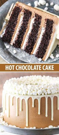 This Hot Chocolate Cake is a moist chocolate cake, hot chocolate buttercream frosting and marshmallow filling! #EdibleGiftIdeas