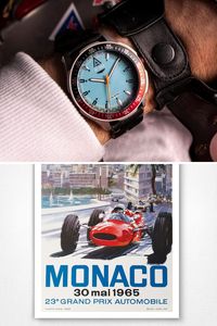 The Nº 1968 watch ➡️ Monaco Grand Prix 1965 Poster By Michael Turner The Nº 1968 rally strap was a collaboration with talented CNC toolmakers. The puncture pattern was directly inspired by the perforations present in certain parts of racing cars as a way to reduce weight. Created by the artist Michael Turner, the 1965 Monaco Grand Prix poster features the British driver John Surtees in his red Ferrari 156 who ran out of fuel and still achieved third place.