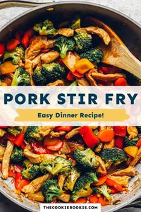 This easy and flavorful Pork Stir Fry recipe is a delicious weeknight dinner that checks all the right boxes. Strips of pork tenderloin are served with a medley of fresh vegetables, like broccoli and bell peppers, in a sweet, tangy, and spicy stir-fry sauce that features ginger and garlic. The best part is this stir-fried pork dish cooks in 15 minutes!