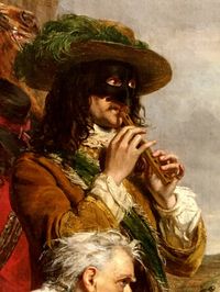 Recorder-playing highwayman! This detail from the painting "The highwayman Claude Duval" by Will Powell Frith (1859) is one of the ways the artist expresses the disdain of the band of robbers for their wealthy victims in a fancy coach. (Manchester Art Gallery.)