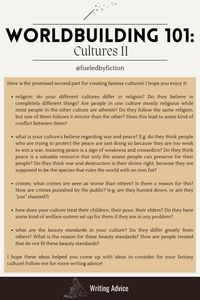 Here is the second part of my post for writing advice on including different fantasy cultures into your world building process. Save this post for later and send it to someone who might also need it! Also click on the post to get to my benable profile where I have listed some useful writing resources for you to browse through. Click on the link in my profile to get to my blog for more in depth writing advice.  writing | fantasy worlds | world building | world building fantasy | writer | writing advice | writings tips | fantasy | cultures | fantasy cultures | world building 101  #writing #writer #fantasyworld #creativewriting #fyp #fiction #books #creature #magical #worldbuilding #fantasycreatures #writersofinstagram #writerscommunity #fanfiction #fantasycultures #culture