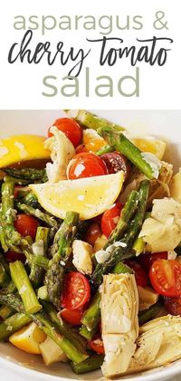 Ditch the winter blues with an Asparagus and Cherry Tomato Salad. Made with roasted asparagus, fresh lemons, cherry tomatoes and marinated artichokes hearts. This salad is topped off with a light, bright and easy homemade lemon vinaigrette.