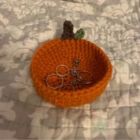 Thanksgiving Handmade Crochet Pumpkin Jewelry Holder. Perfect To Hold Jewelry Or Little Knickknacks. Pumpkin Bowl. Fall And Halloween Decorations. Hand Crafted Using Orange, Brown, And Green Yarn Made To Order