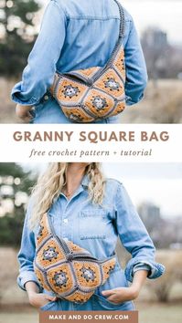 Wondering how to crochet a granny square purse? This free crochet pattern from Make and Do Crew is for you! 11 retro granny squares made with Lion Brand's Pima cotton yarn come together to form a sturdy, washable crochet bag. This hippie purse is the perfect size for your wallet, cellphone & water bottle or other portable crochet projects. Visit the blog to get the free crochet boho purse pattern & discover more crocheted purses patterns! - Knitting and Crochet Handbags