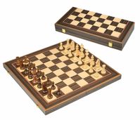 This stunning tournament-sized folding Chess Set designed by Philos will make a perfect gift for a chess enthusiast. 

The chess board features maple and paper veneer squares, each measuring 55mm. What distinguishes this chequerboard from others is the ornamental line encircling the playing area, a subtle yet captivating detail that enhances the board's elegance and visual appeal.

The chess pieces are crafted from Alder and feature felt bases ensuring smooth movement and protection against surface damage. These can be stored neatly inside the folding chessboard when not in use.