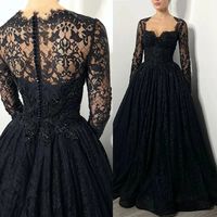 Gothic Black Wedding Dresses Long Sleeves Lace Appliques Sweetheart Bridal Gown | eBay