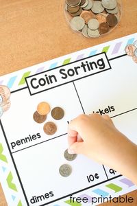 Use this free printable set of coin sorting mats and coin identification puzzles in kindergarten and first grade to help kids begin learning about coins.