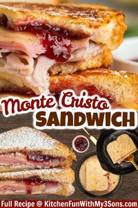 This Monte Cristo Sandwich Recipe features deli ham and turkey and slices of Swiss cheese piled on white bread with raspberry jam. The sandwich is dipped in egg then cooked until golden brown. Perfect for breakfast, brunch, or lunch!